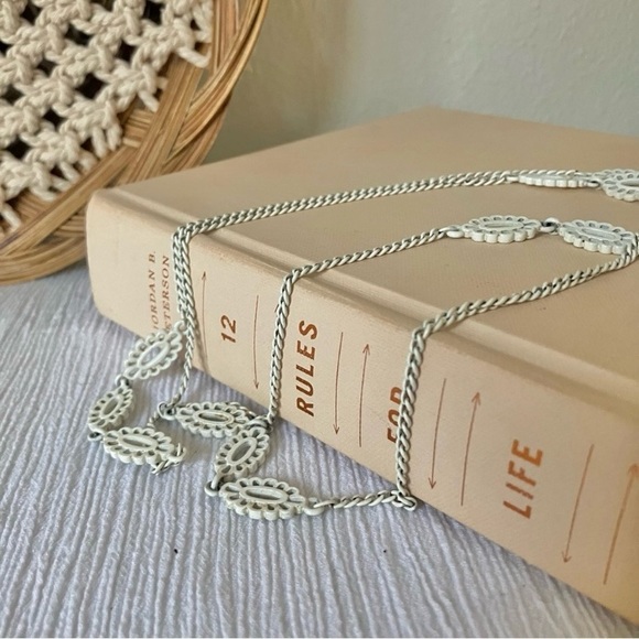 Vintage Jewelry - Vintage “Athene” White Eyelet Chain Necklace Metal Minimal Simple Long